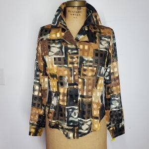Hot Stuff Size M NEW Blouse Vintage Button Down Black Copper Sheer Abstract USA